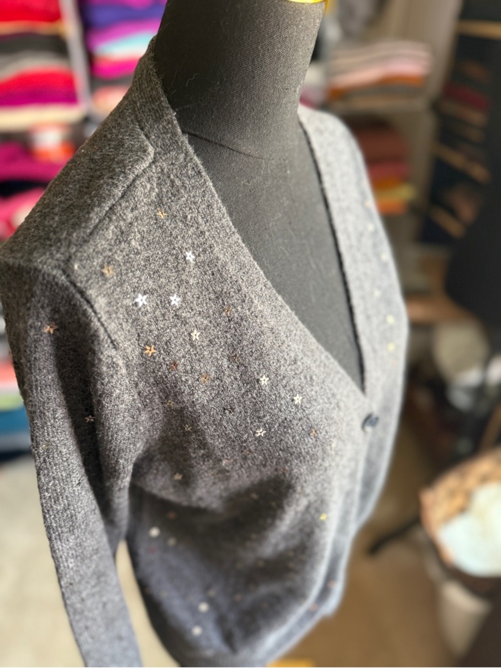 CUTE!!  LOFT Charcoal V-Neck Cardigan with Metallic Star Accents